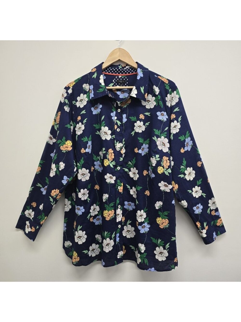 Talbots Blue Navy Floral Cotton Button Down Shirt Sz 2X Contrast Cuff Colorful